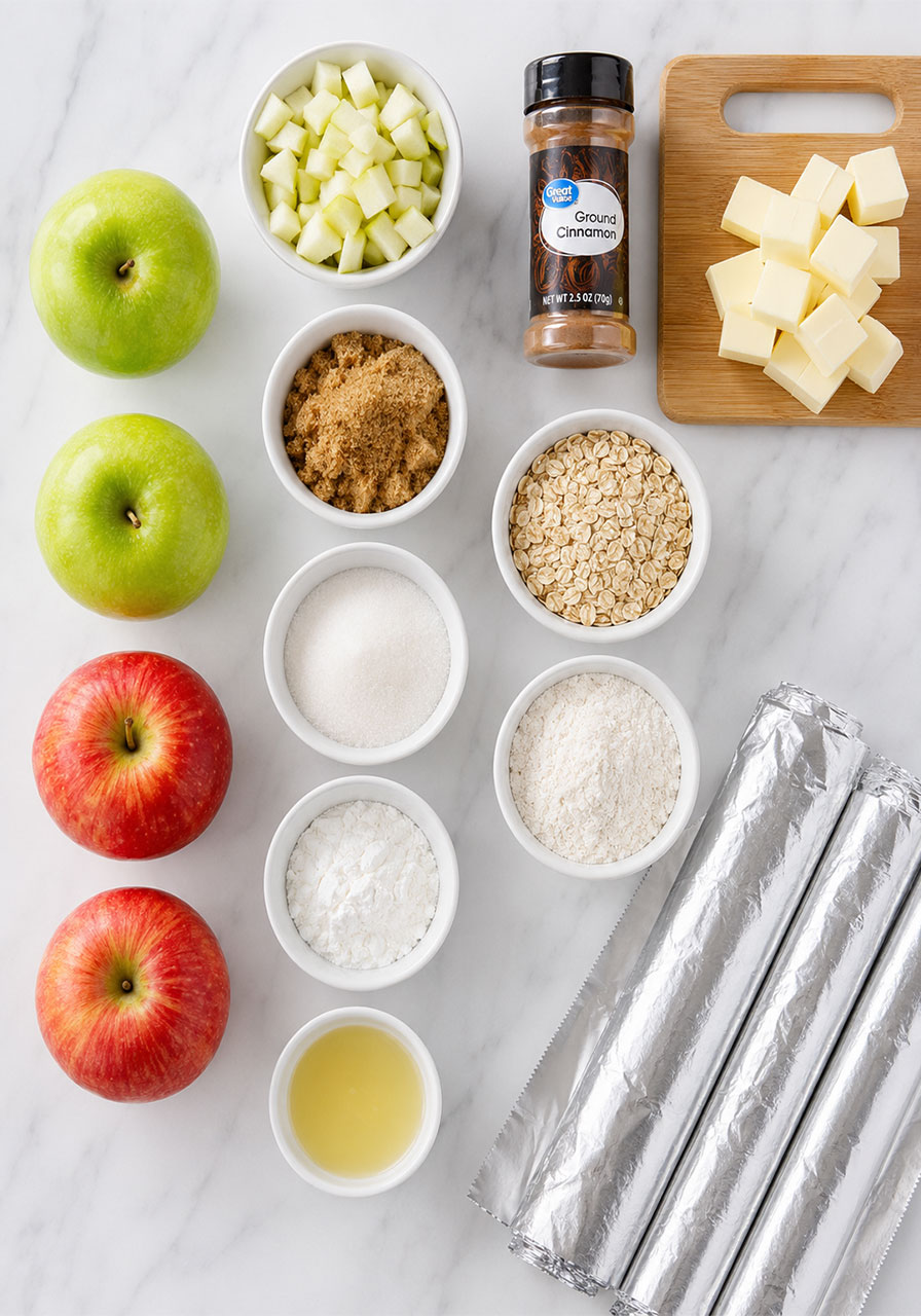 All ingredients for campfire apple pie foil packets laid out on a white marble countertop including apples, cinnamon, oats, brown sugar, and butter