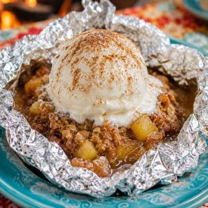 Campfire apple pie foil packet opened on a teal plate topped with a melting scoop of vanilla ice cream
