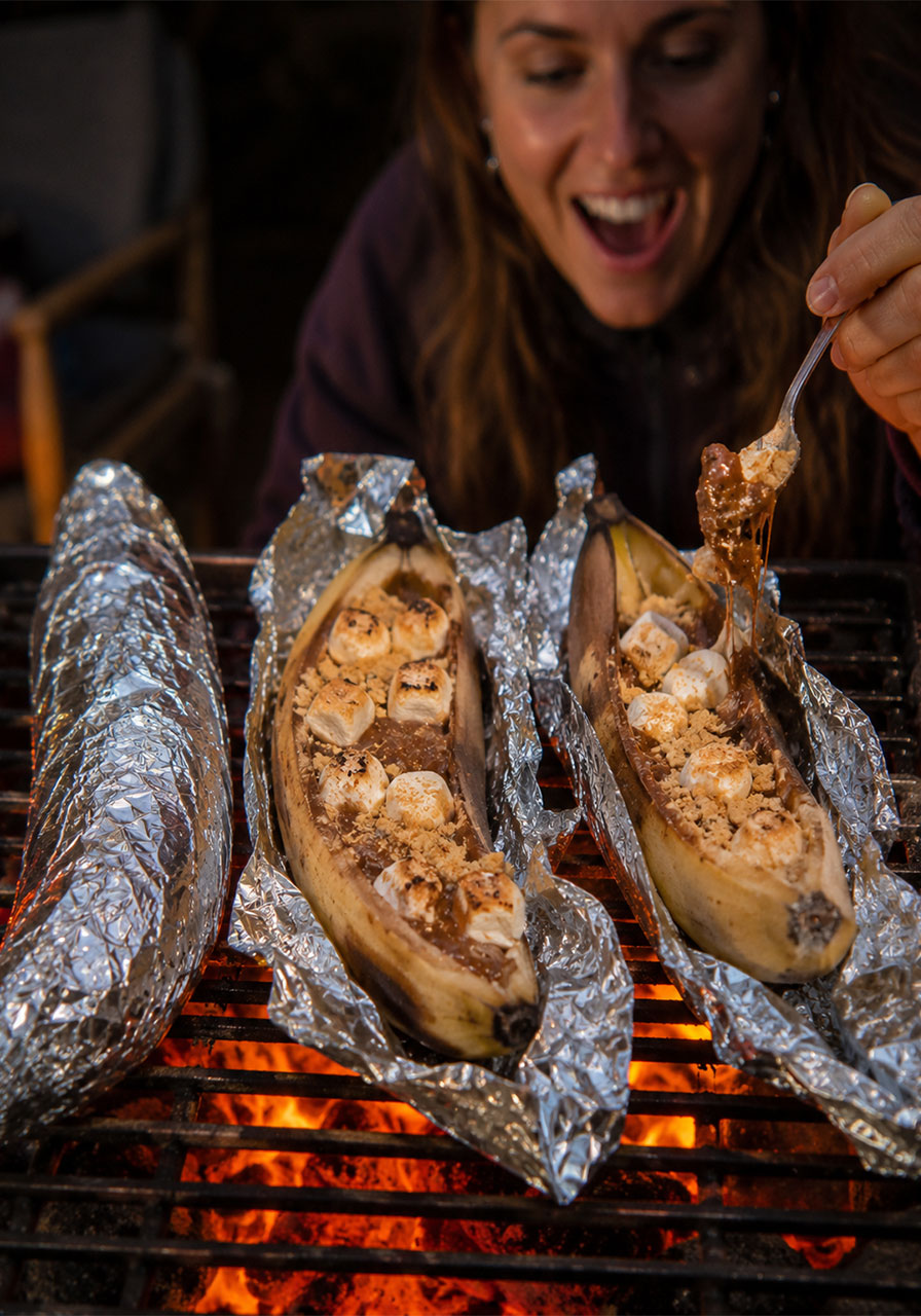 Three campfire banana boats on grill grate showing foil-wrapped, open, and being eaten stages with melted chocolate, toasted marshmallows, and graham cracker crumbs