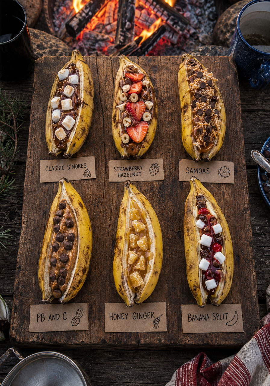 Nine campfire banana boat flavor combinations laid out on a camp table ready to wrap in foil