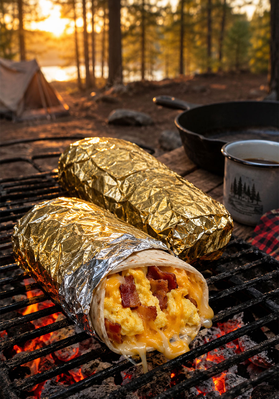 Foil-wrapped campfire breakfast burritos with scrambled eggs, bacon, and melted cheese on a campfire grill grate