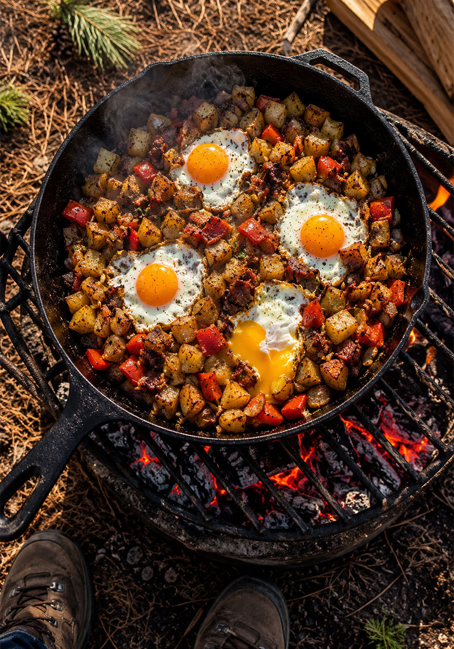 Campfire breakfast skillet hash with crispy potatoes, bacon, capsicum, and eggs in a cast iron skillet over campfire coals