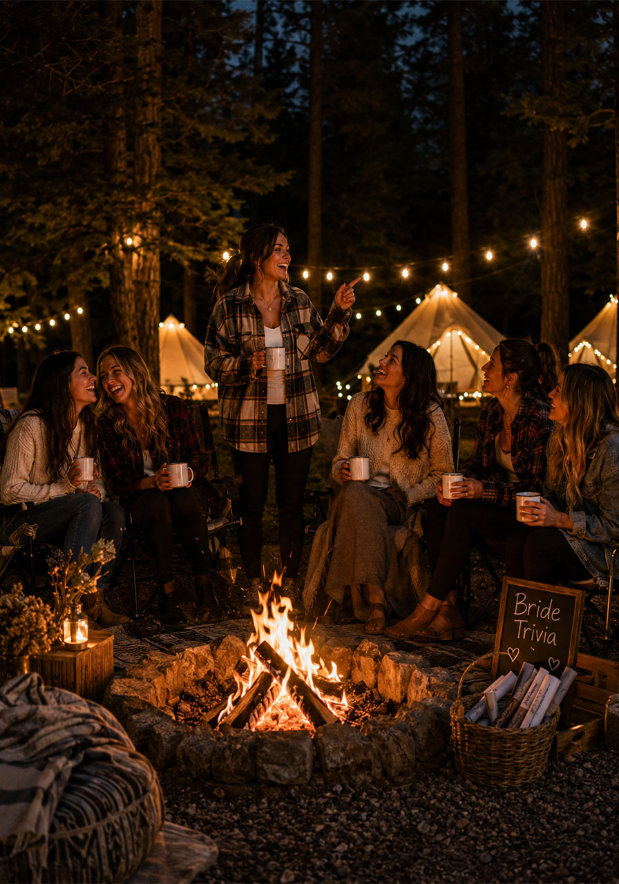 Group of women playing campfire bridal trivia games at night around a stone fire pit at a camp bachelorette party in the forest