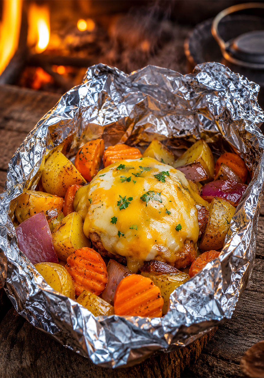 Open campfire cheeseburger hobo packet with melted Colby Jack cheese over potatoes and carrots