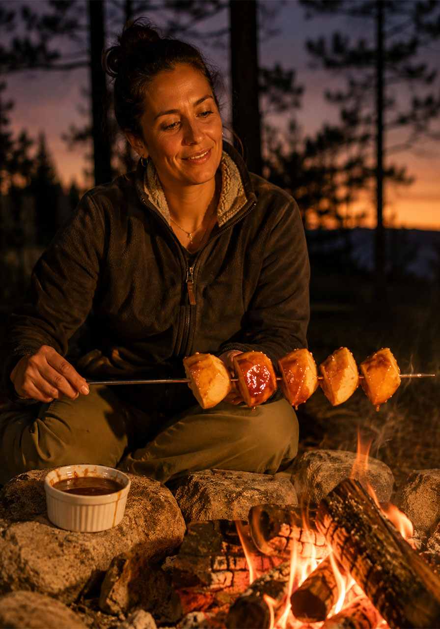 Woman roasting cinnamon sugar glazed apple chunks on a skewer over campfire coals at dusk – fun camping dessert idea