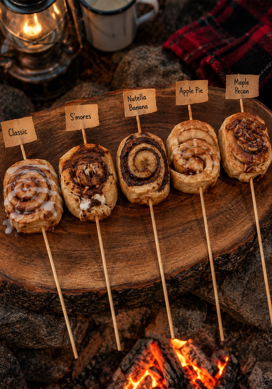 Five campfire cinnamon roll-up flavor variations including s'mores, Nutella banana, apple pie, and maple pecan