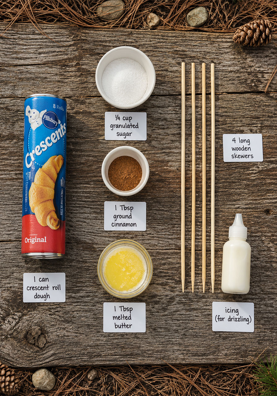 Ingredients for campfire cinnamon roll-ups on a stick including crescent dough, cinnamon sugar, butter, and skewers