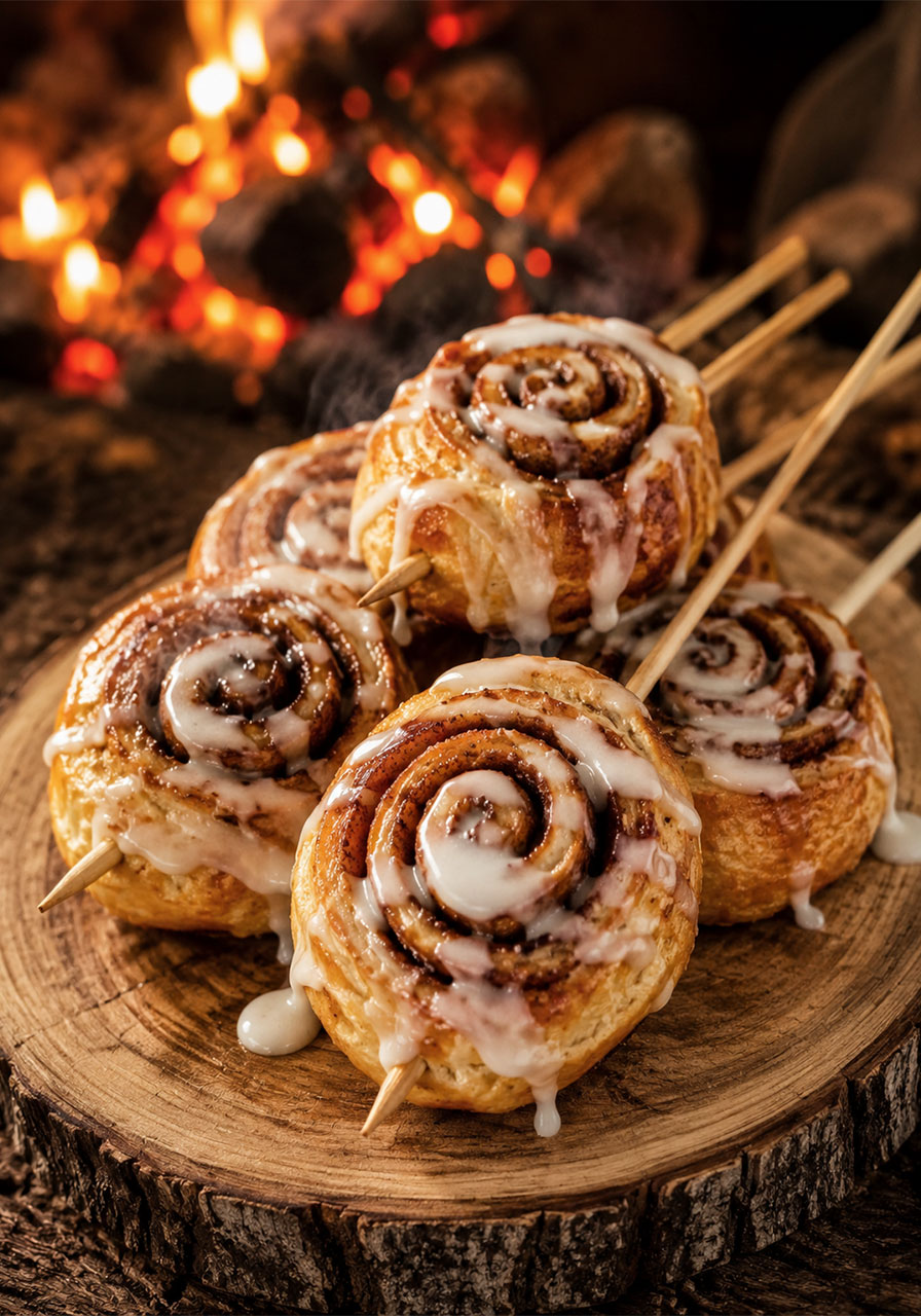 Golden campfire cinnamon roll-ups on a stick with white icing drizzle on a rustic wood slice board
