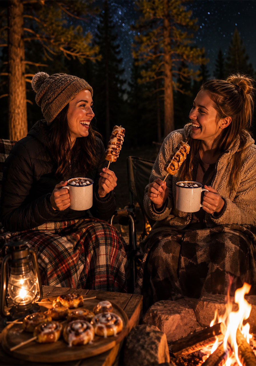 Two women enjoying campfire cinnamon roll-ups on a stick with hot chocolate around a bonfire