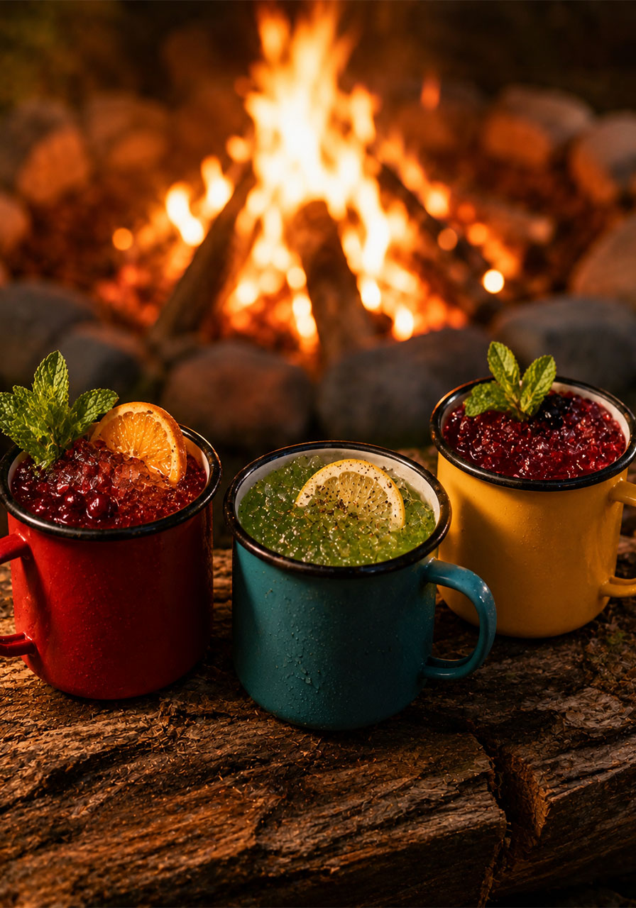 Colorful enamel camp mugs filled with signature campfire cocktails on log surface with fire pit glowing behind at camp bachelorette party