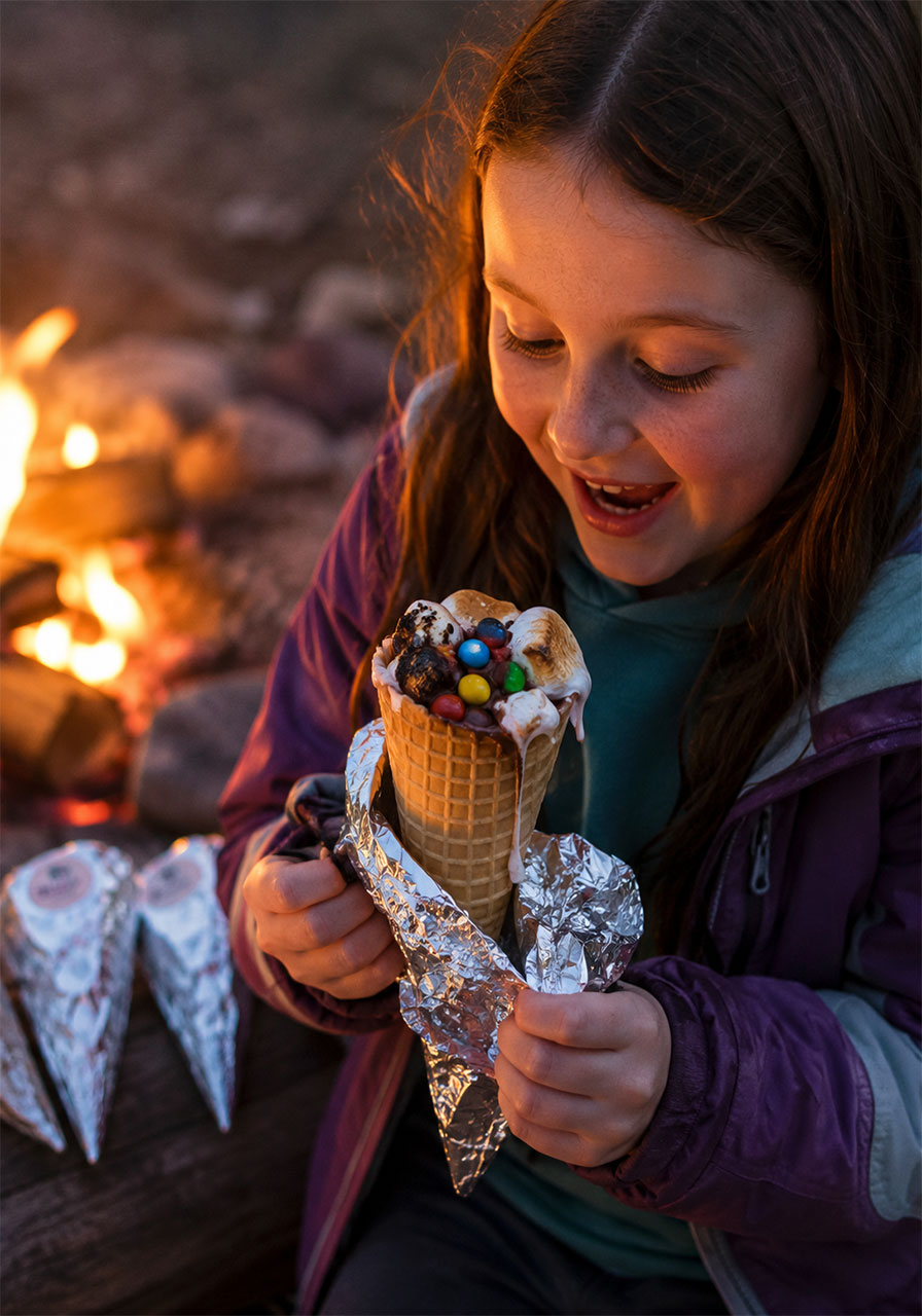 Child unwrapping a gooey campfire cone dessert with melted chocolate and marshmallows at a campfire