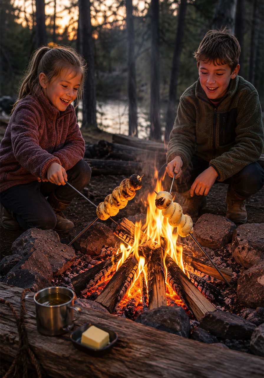 Two children holding campfire damper on a stick skewers over an open campfire at dusk
