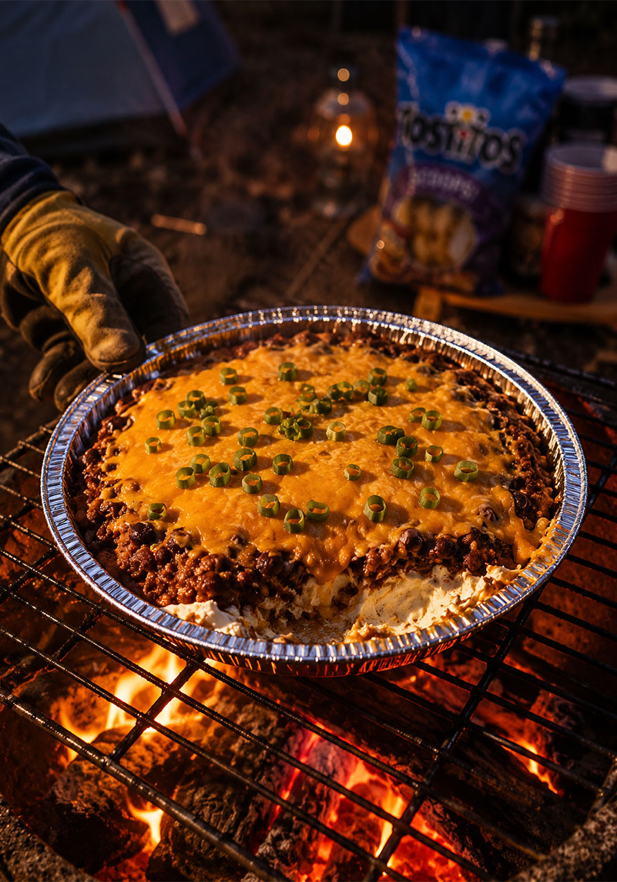 Bubbling cheesy campfire dip with chili and melted cheddar in a foil pan over campfire grill grate