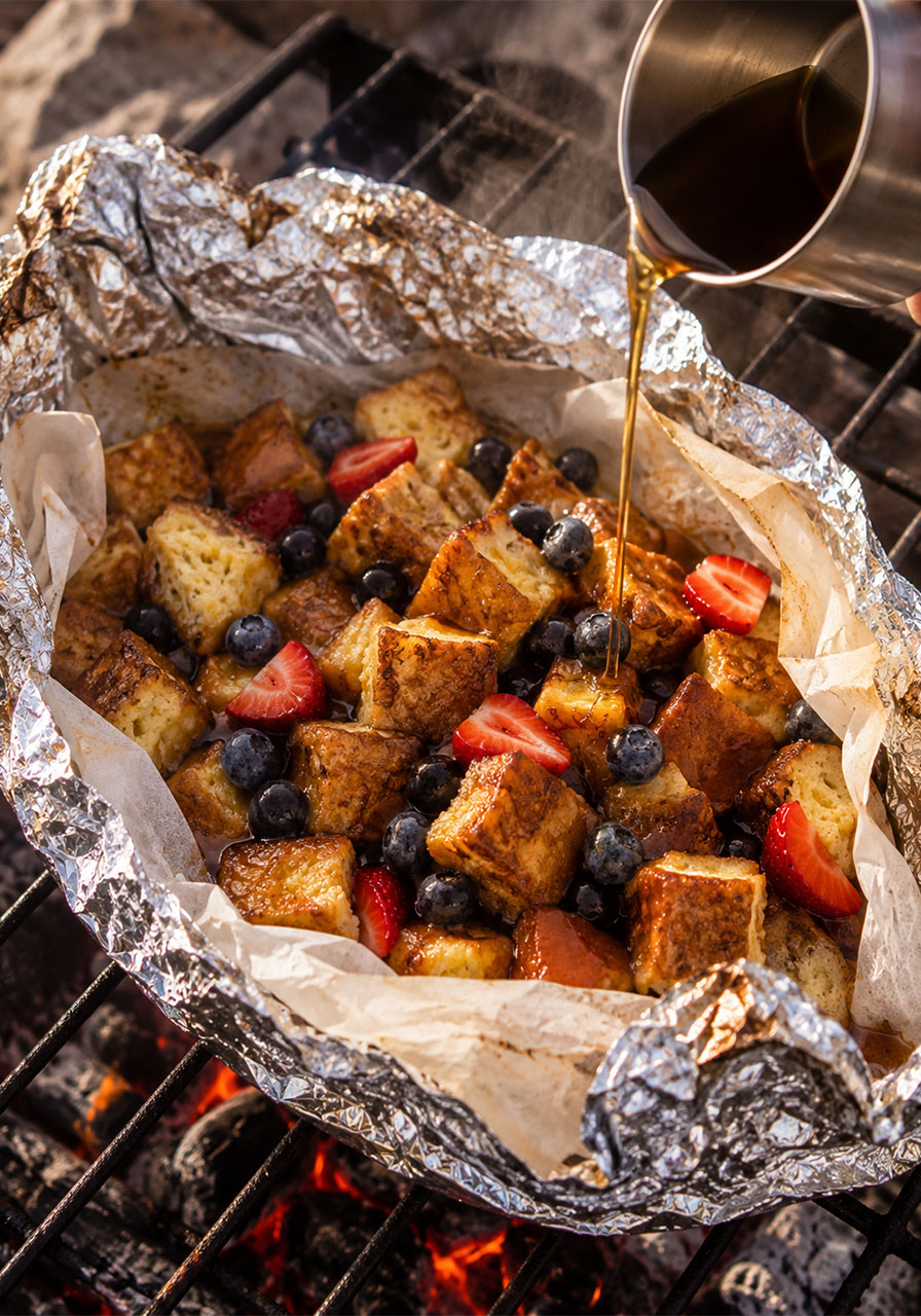Open foil packet French toast bake with golden bread cubes, fresh berries, and maple syrup drizzle on a campfire grill grate