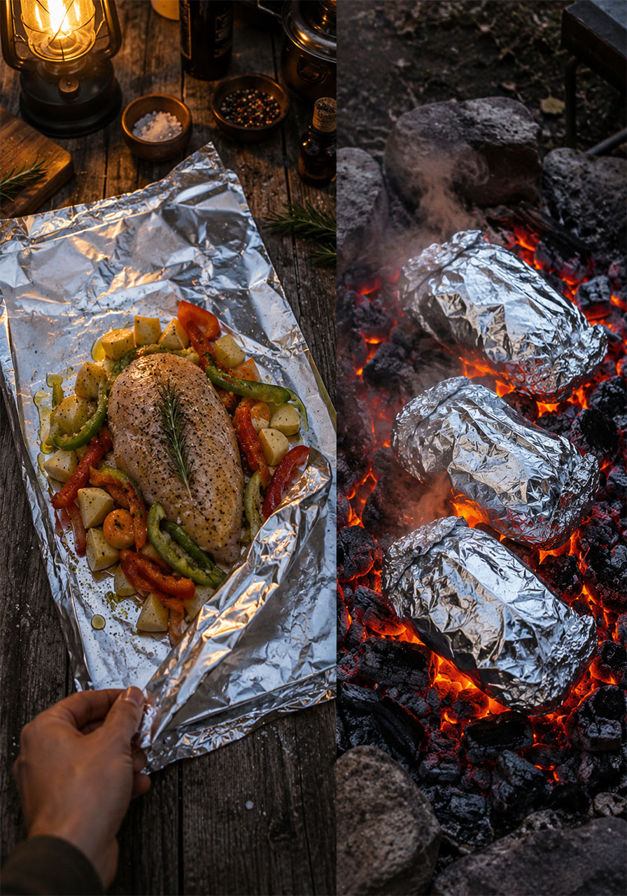 Campfire foil packet meals being assembled and cooking in hot campfire coals, easy camping dinner recipe
