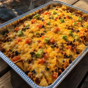Finished campfire grilled nachos in a foil pan with melted cheese, black beans, avocado, and taco meat