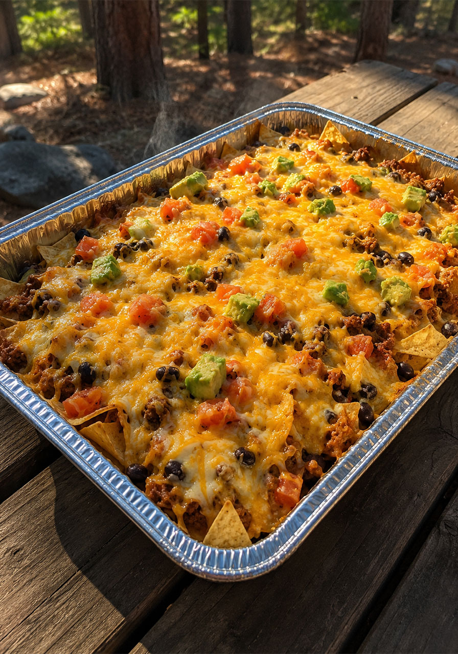Finished campfire grilled nachos in a foil pan with melted cheese, black beans, avocado, and taco meat
