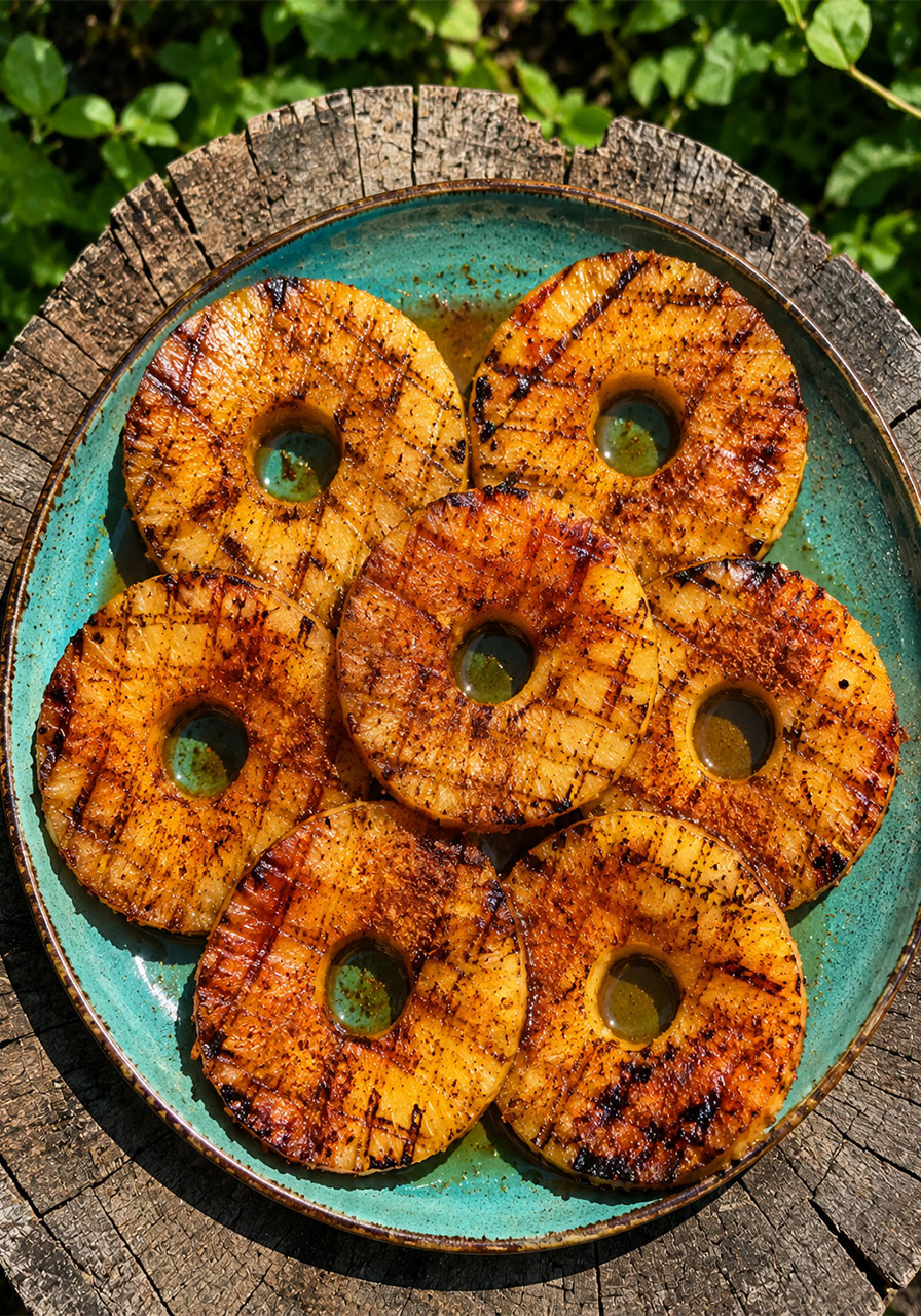 Grilled caramelized pineapple rings with cinnamon on a teal plate at a campsite – healthy campfire dessert idea