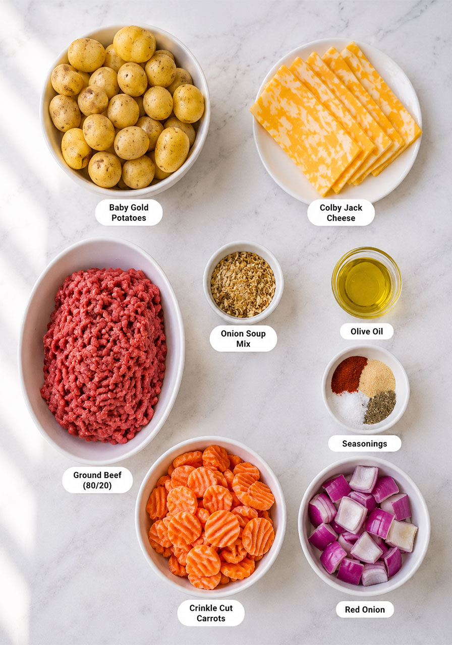Ingredients for campfire cheeseburger hobo packets including ground beef, potatoes, carrots, onion soup mix, and Colby Jack cheese