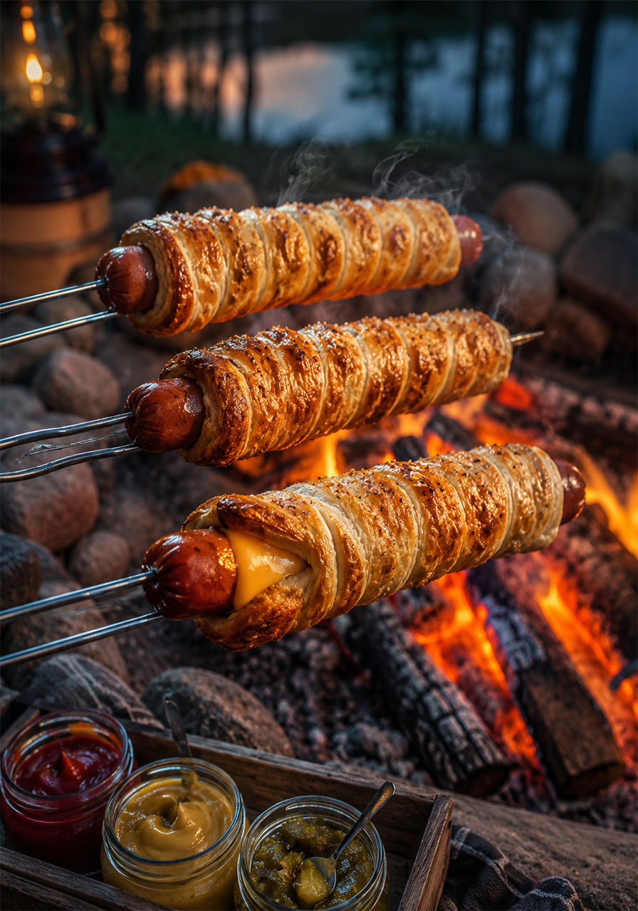 Campfire hot dogs wrapped in golden flaky puff pastry and cheese cooking on skewers over an open fire