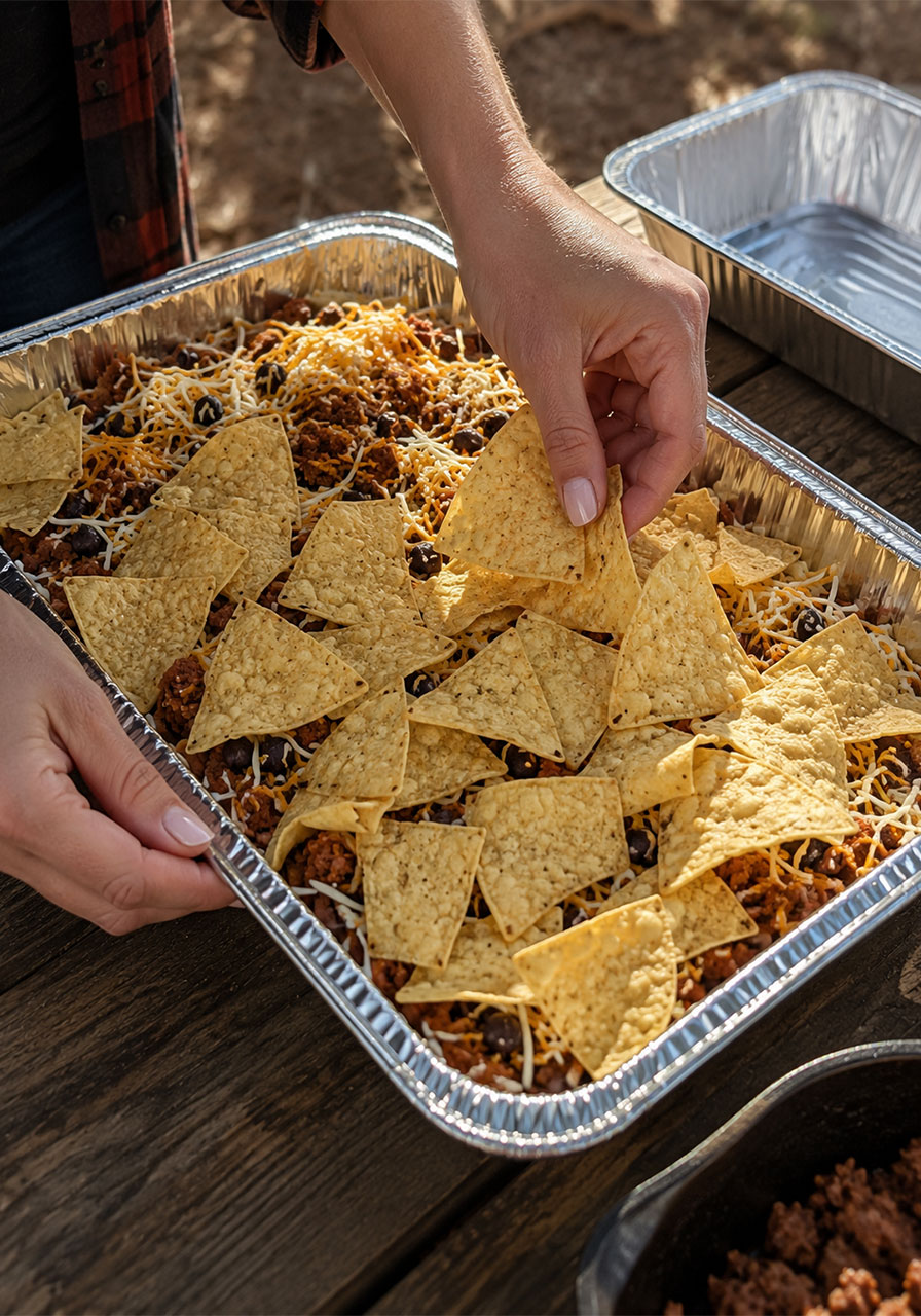 Hands layering tortilla chips and toppings in a foil pan to assemble campfire nachos