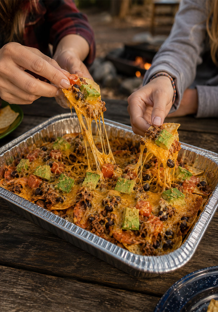Two people pulling cheesy nachos from a campfire foil pan with a dramatic cheese pull