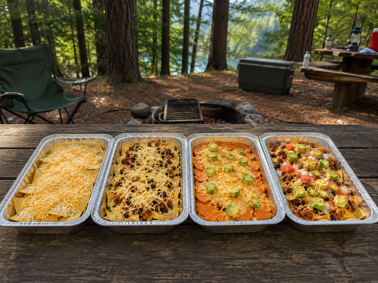 Four individual foil nacho pans each customized with different toppings for camping