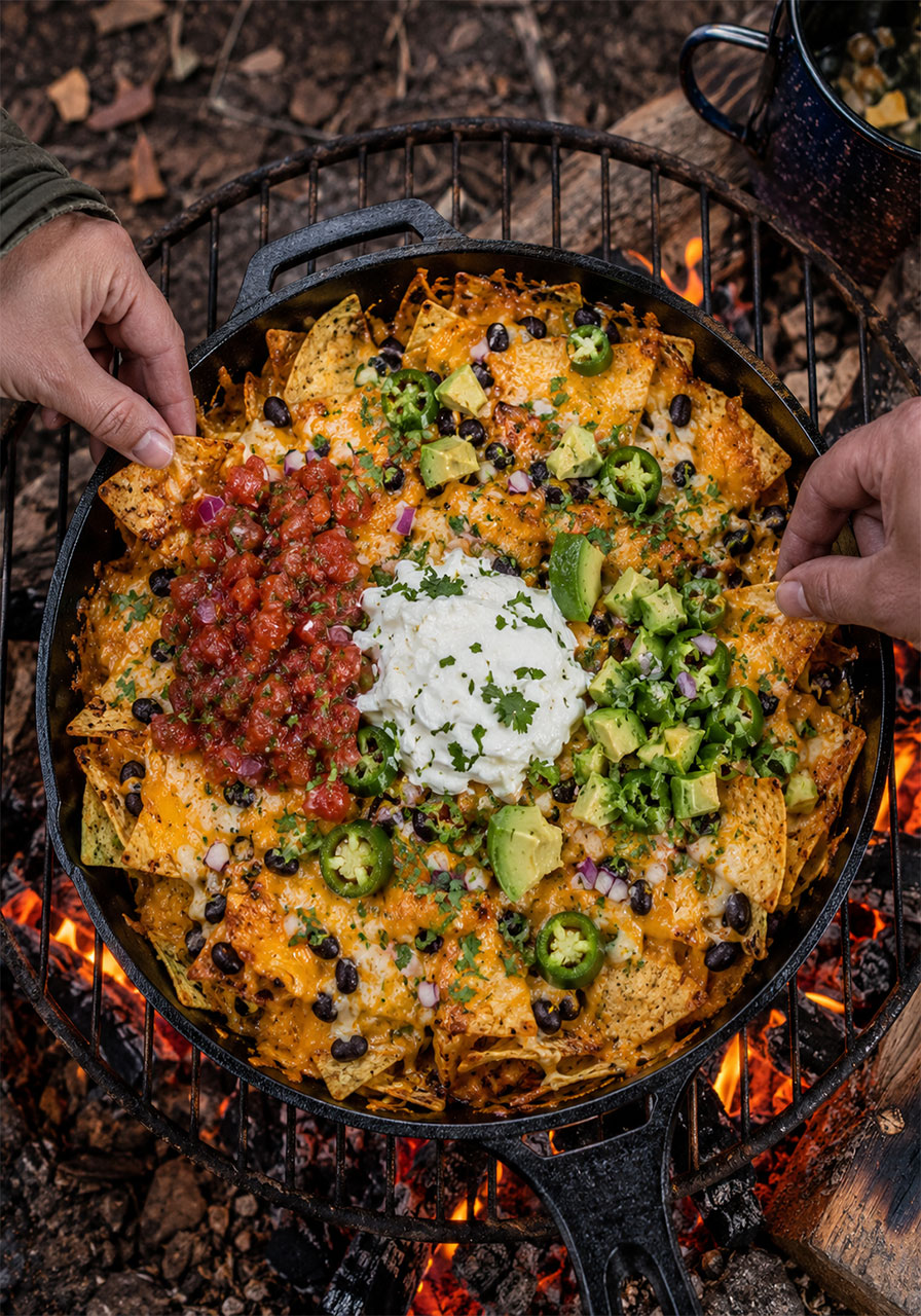 Loaded campfire nachos with melted cheese, beans, and toppings in a cast iron skillet over campfire coals