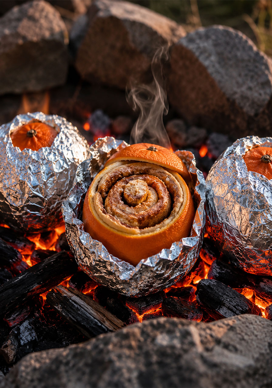 Foil-baked cinnamon roll inside a hollowed orange shell resting on glowing campfire coals with steam rising