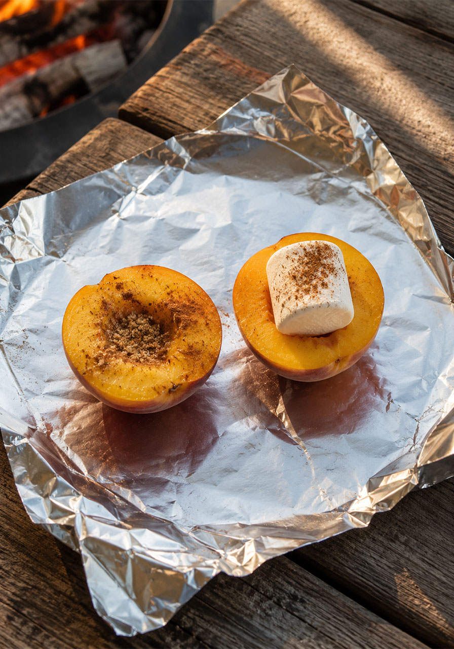 Two peach halves on aluminum foil with marshmallow in the center ready to be wrapped for campfire cooking