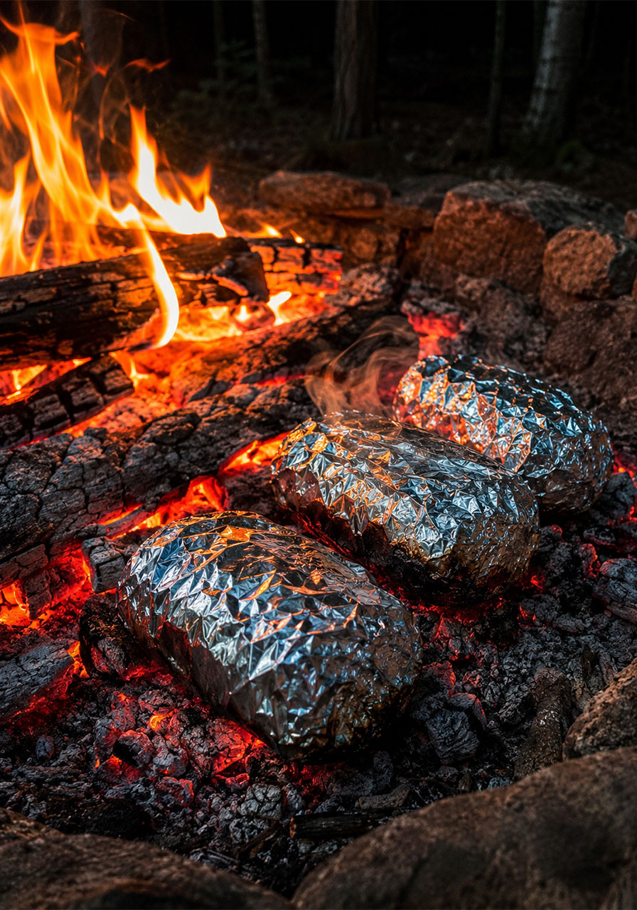 Aluminum foil packets with campfire peachies cooking directly on glowing campfire embers at night