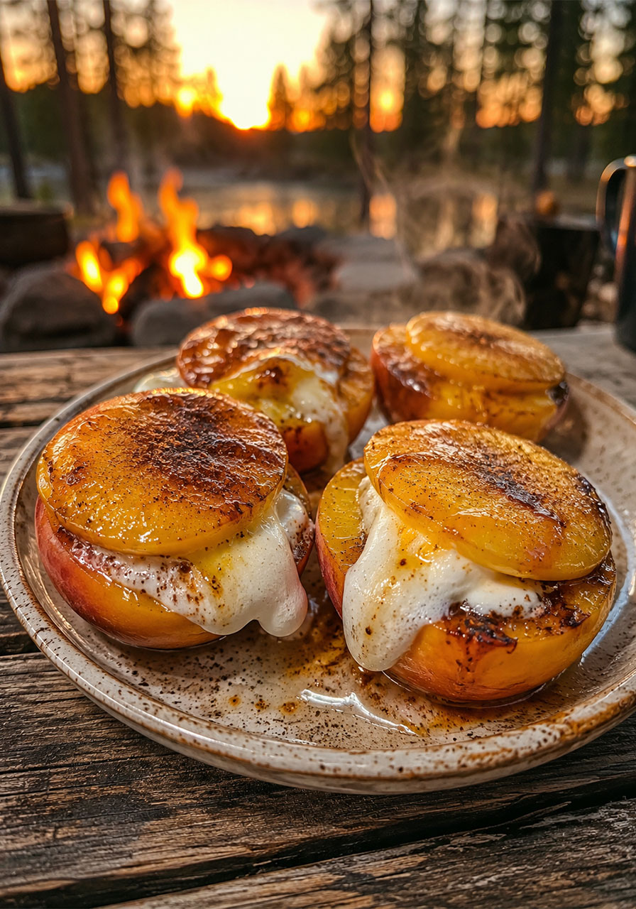 Four finished campfire peachies with gooey melted marshmallow on a rustic plate by the campfire