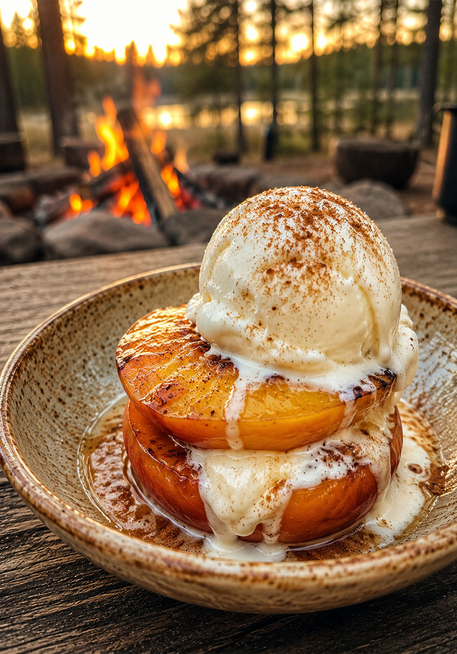 Campfire peachie with melted marshmallow served in a bowl topped with a scoop of vanilla ice cream