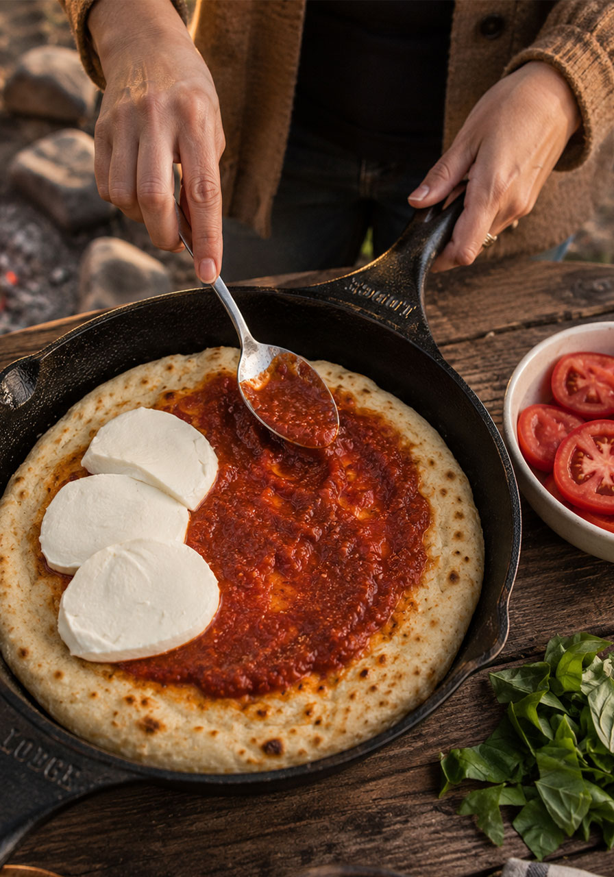 Adding marinara sauce and fresh mozzarella toppings onto a flipped campfire pizza crust in a cast iron skillet