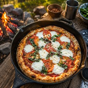 Finished campfire pizza with mozzarella, tomatoes, and basil in a cast iron skillet at a campsite