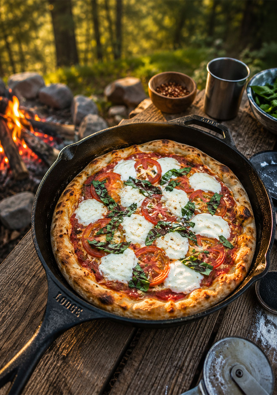 Finished campfire pizza with mozzarella, tomatoes, and basil in a cast iron skillet at a campsite