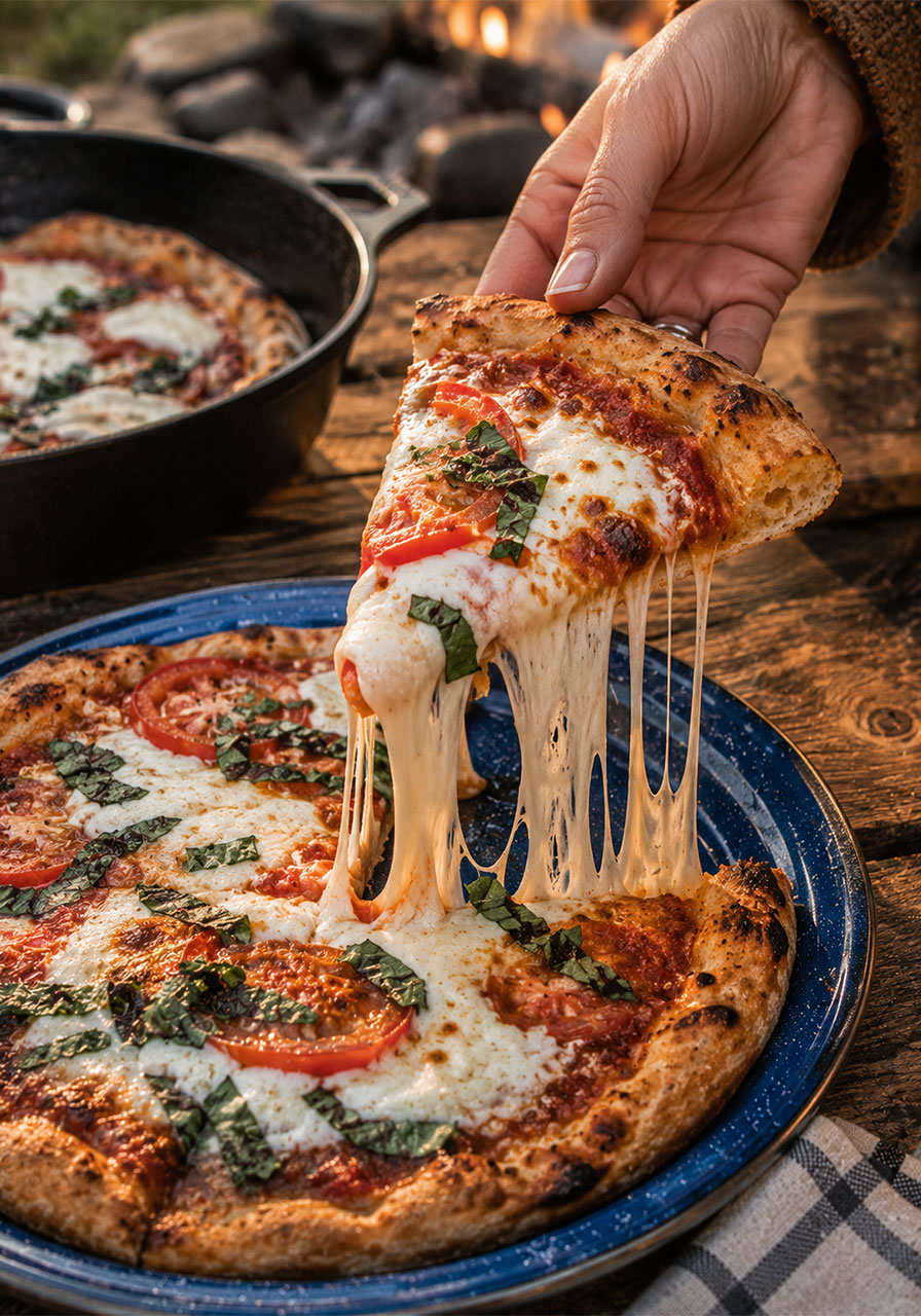 Lifting a slice of homemade campfire pizza showing a mozzarella cheese pull on a camping plate outdoors