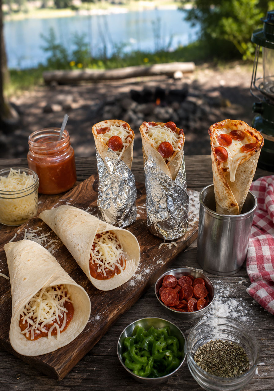 Campfire pizza cones assembled with tortillas, pizza sauce, and melted cheese at a family campsite