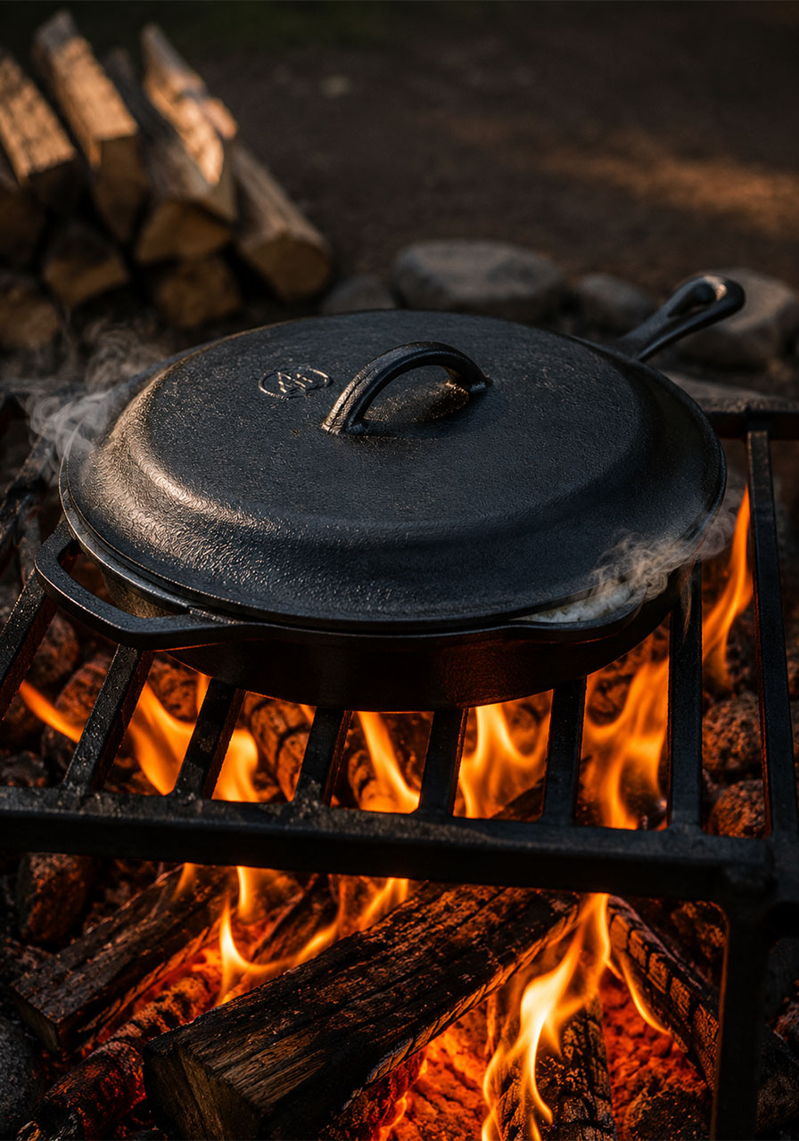 Cast iron skillet with lid trapping heat over campfire to melt cheese on homemade campfire pizza