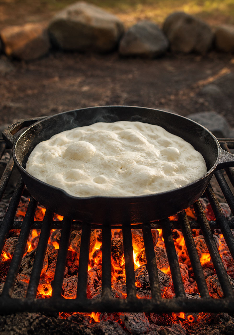 Raw pizza dough in a cast iron skillet cooking on a campfire grate with flames visible beneath