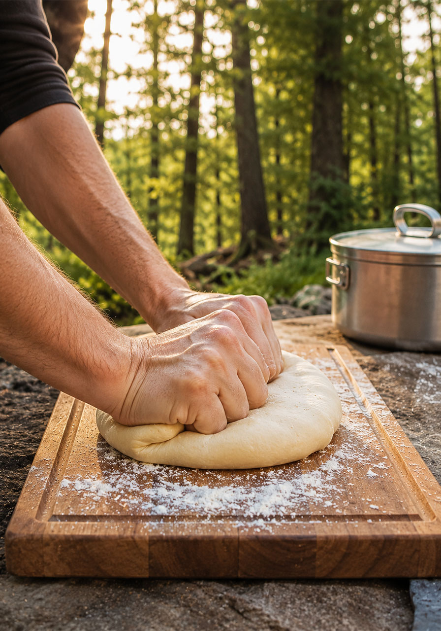 Hands kneading homemade campfire pizza dough on a wooden cutting board at a campsite