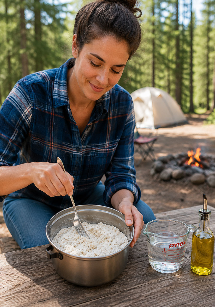 Woman mixing flour, yeast, and salt in a camp pot to make campfire pizza dough from scratch