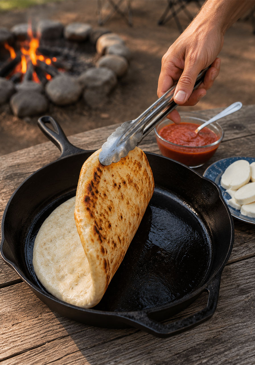 Tongs flipping campfire pizza crust in cast iron skillet to reveal perfectly golden-brown toasted bottom