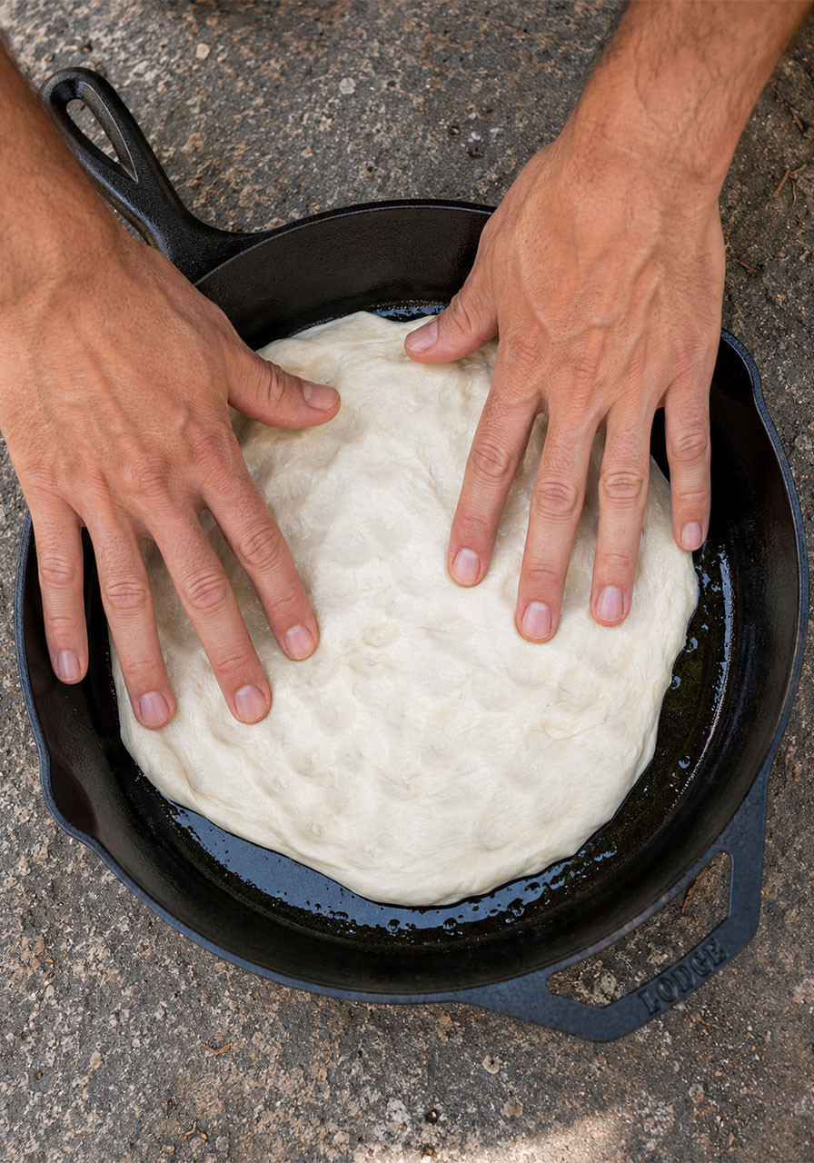 Hands pressing and shaping raw pizza dough into a cast iron skillet to form the campfire pizza crust