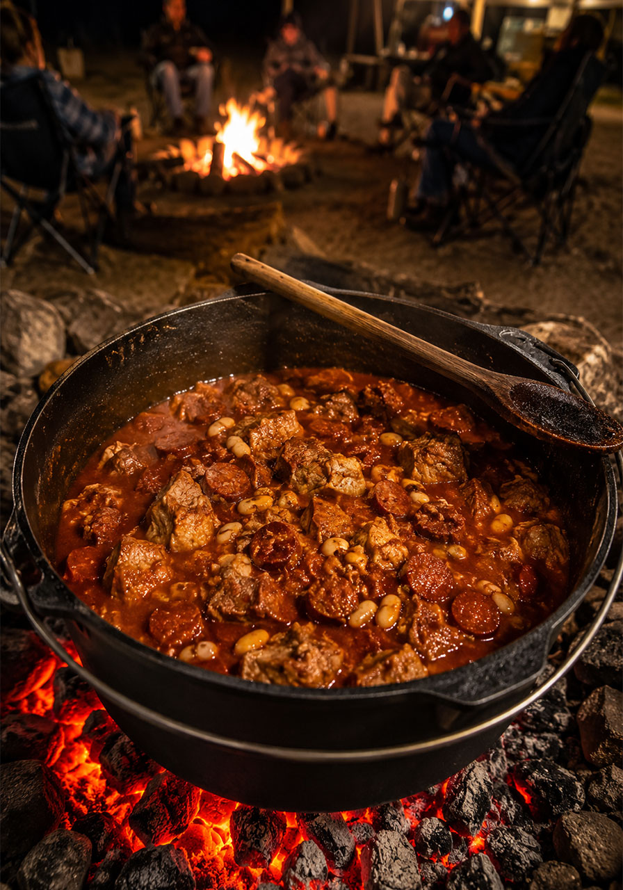 Rich pork and chorizo stew bubbling in a cast iron camp oven over glowing campfire coals at night