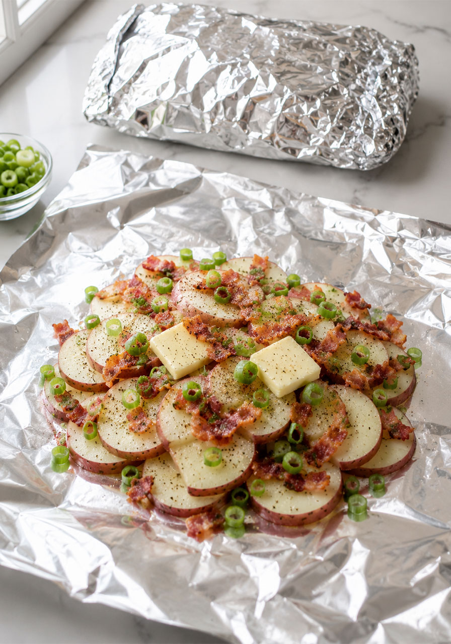 Raw sliced red potatoes layered with bacon, green onions, and butter on aluminum foil ready to be wrapped into a campfire potatoes foil pack