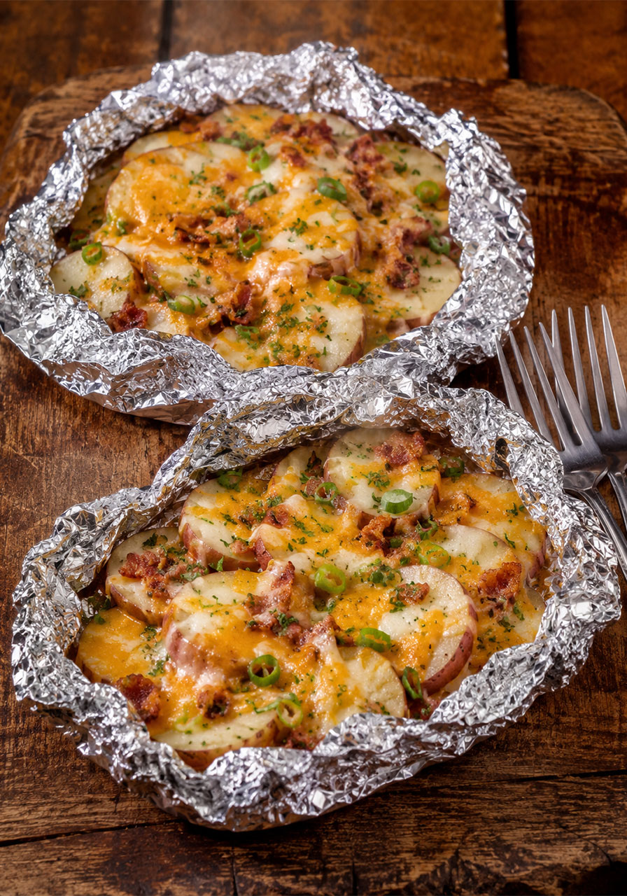 Open campfire potatoes foil pack with melted cheddar cheese, crispy bacon, and green onions on a wooden board