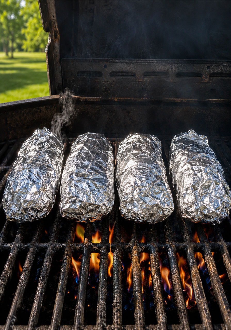 Sealed campfire potatoes foil packs cooking on a gas grill with flames visible below the aluminum packets