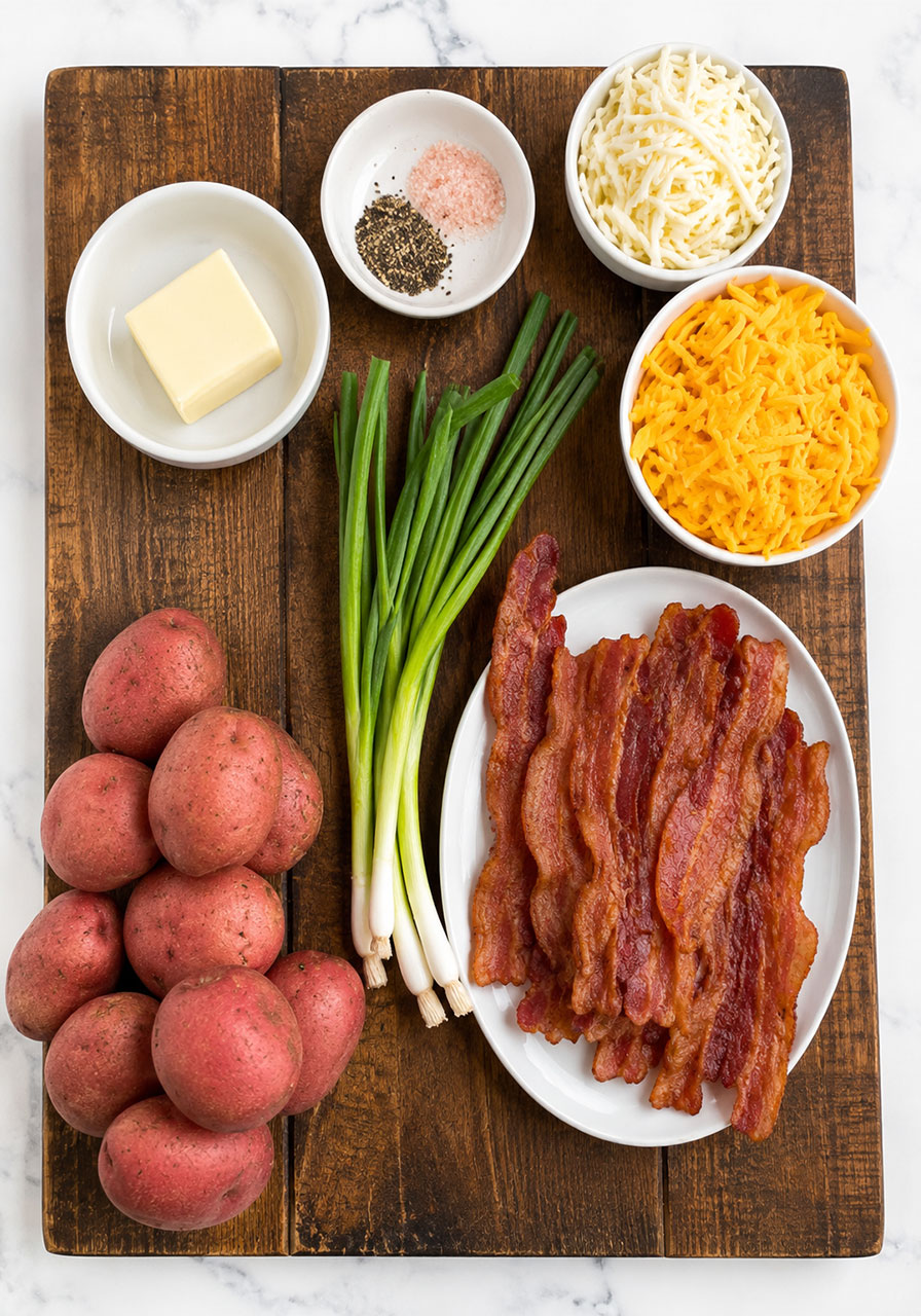 Ingredients for campfire potatoes including red potatoes, cheddar cheese, mozzarella, butter, bacon, and green onions on a wooden board