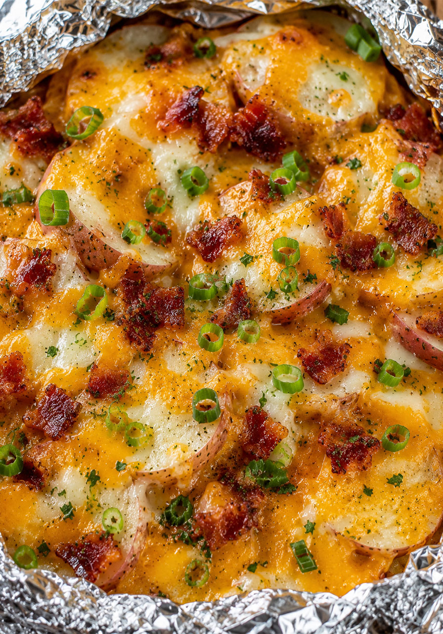 Close-up of campfire potatoes covered in melted cheddar and mozzarella cheese with crispy bacon and green onions in an open foil pack